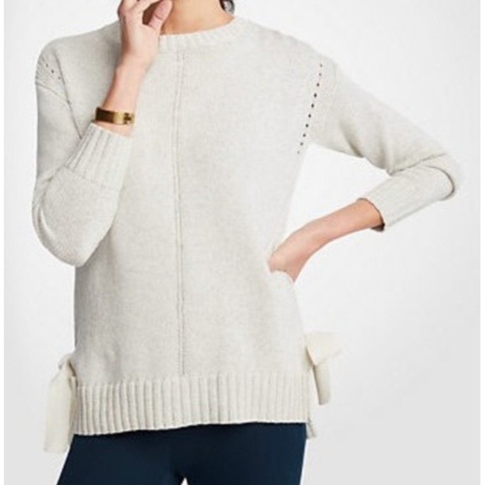 Ann Taylor‎ Bow Tie Side Cream Knit Sweater Women Size XS Crew Neck Long Sleeve